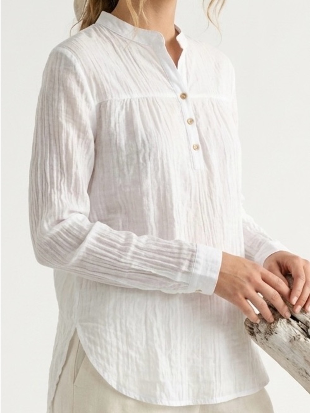 California Tailor White Cotton Gauze Henley Top S Made in USA Crinkle Blouse